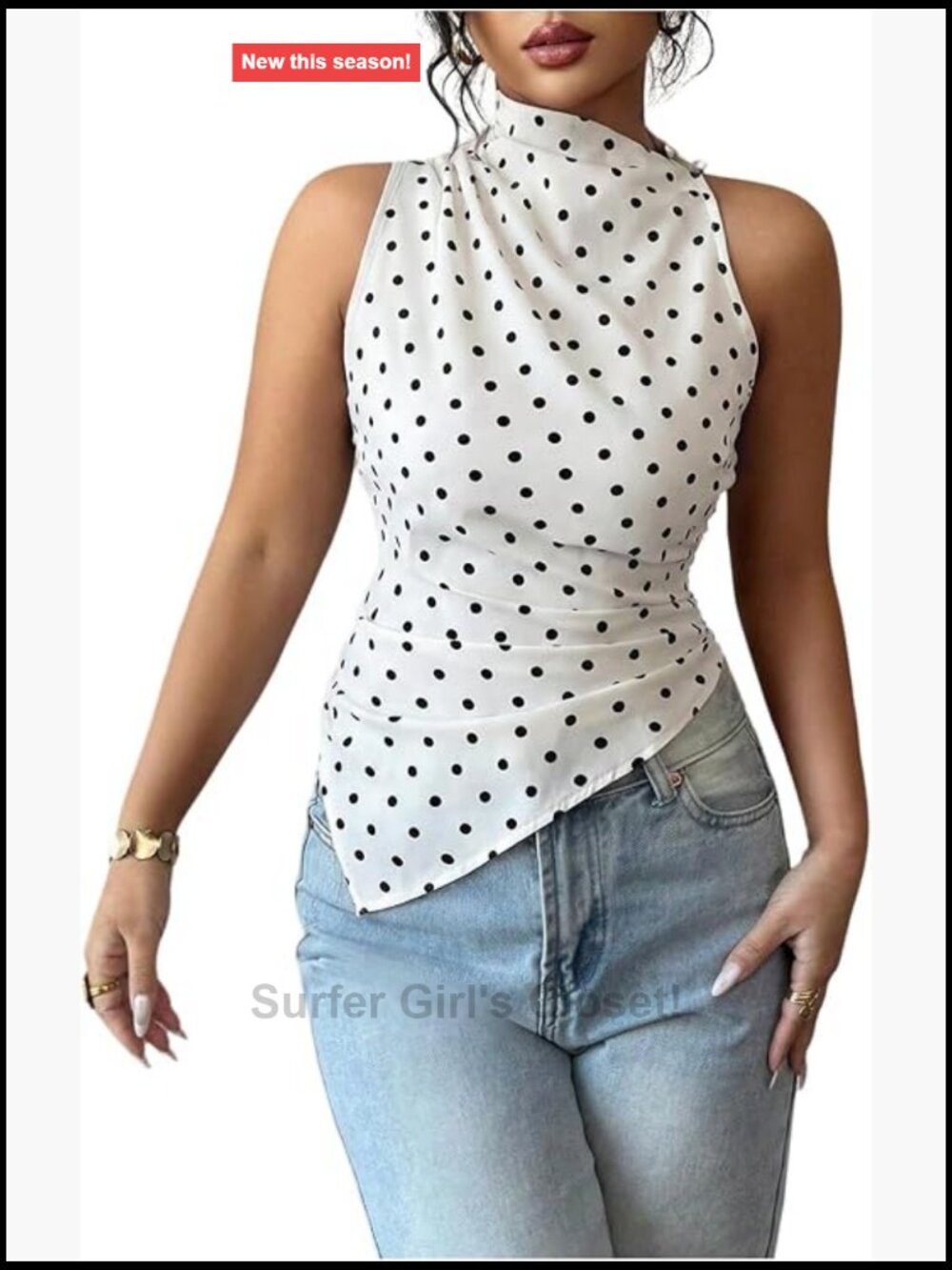Polka Dot Cinched Waist Tank Top Sleeveless Asymmetrical Summer Top